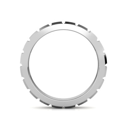 Through-finger view of white gold or platinum brushed block segment band showing the band profile