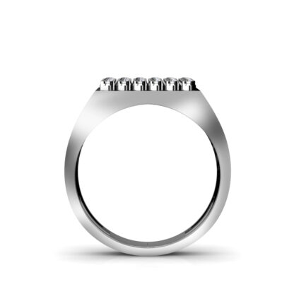 Through-finger view of white gold or platinum square diamond cluster slotted ring for men showing the band profile