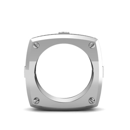 Through-finger view of white gold or platinum screw detail diamond square band for men showing the band profile
