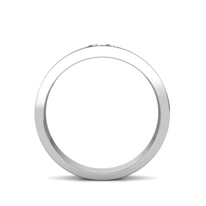 Through-finger view of white gold or platinum two diamond groove flat band for men showing the band profile
