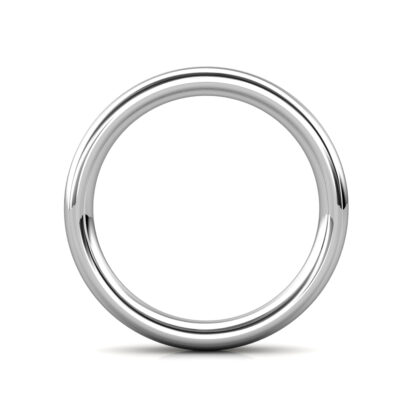 Through-finger view of white gold or platinum classic polished dome band for men showing the band profile