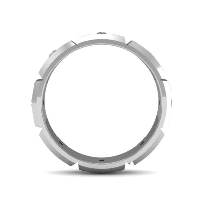 Through-finger view of white gold or platinum princess diamond station band for men showing the band profile