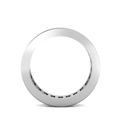 Through-finger view of white gold or platinum princess cut channel-set eternity band for men showing the band profile