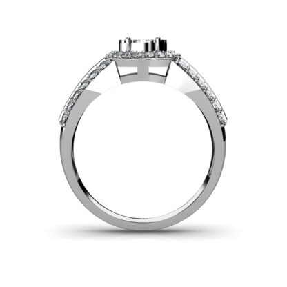 Through-finger view of white gold or platinum oval diamond cluster baguette ring for men showing the band profile