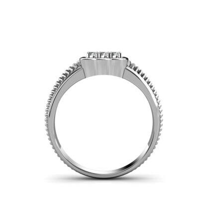 Through-finger view of white gold or platinum nine diamond scalloped square ring for men showing the band profile