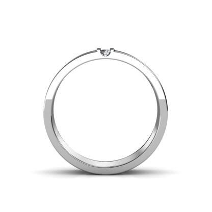 Through-finger view of white gold or platinum vertical three diamond flat band for men showing the band profile