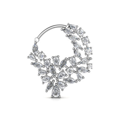 Front view of white gold or platinum diamond leaf cluster nose ring