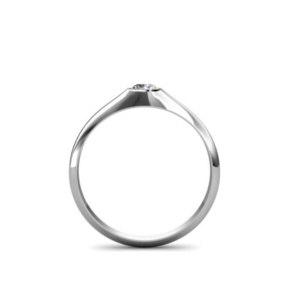 Through-finger view of white gold or platinum domed bezel diamond ring for men showing the band profile