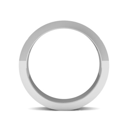 Through-finger view of white gold or platinum hammered texture band for men showing the band profile
