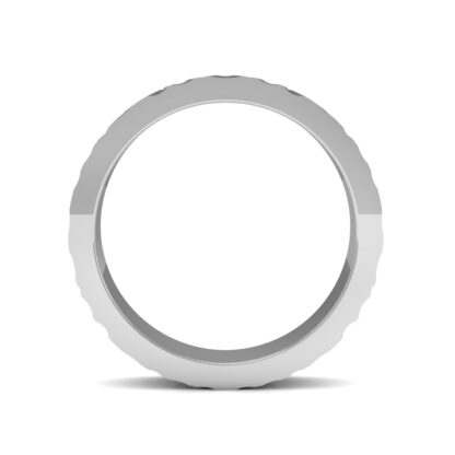 Through-finger view of white gold or platinum bark texture band for men showing the band profile