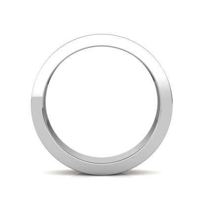 Through-finger view of white gold or platinum brushed step edge band for men showing the band profile