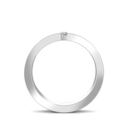 Through-finger view of white gold or platinum baguette diamond double rail band for men showing the band profile