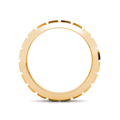 Through-finger view of yellow gold brushed block segment band showing the band profile