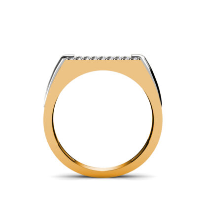 Through-finger view of yellow and white gold five row pave diamond two-tone ring for men showing the band profile