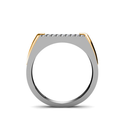 Through-finger view of white and yellow gold five row pave diamond two-tone ring for men showing the band profile