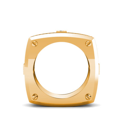 Through-finger view of yellow gold screw detail diamond square band for men showing the band profile