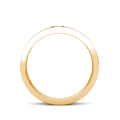 Through-finger view of yellow gold two diamond groove flat band for men showing the band profile