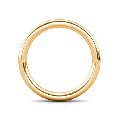 Through-finger view of yellow gold classic polished dome band for men showing the band profile