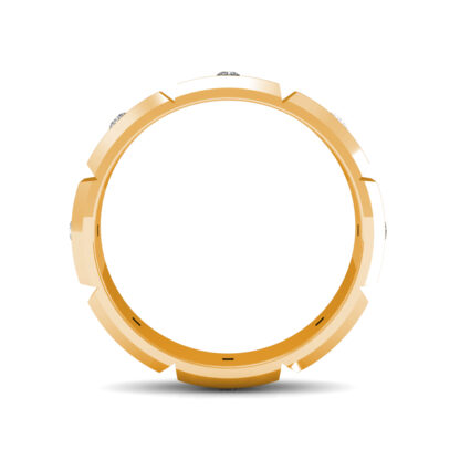 Through-finger view of yellow gold princess diamond station band for men showing the band profile