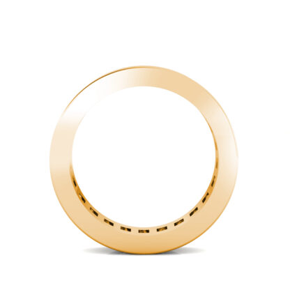 Through-finger view of yellow gold princess cut channel-set eternity band for men showing the band profile