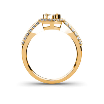 Through-finger view of yellow gold oval diamond cluster baguette ring for men showing the band profile