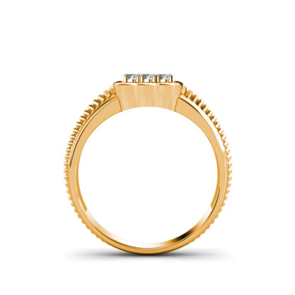 Through-finger view of yellow gold nine diamond scalloped square ring for men showing the band profile