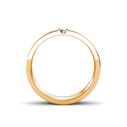 Through-finger view of yellow gold vertical three diamond flat band for men showing the band profile