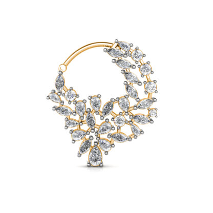 Front view of yellow gold diamond leaf cluster nose ring