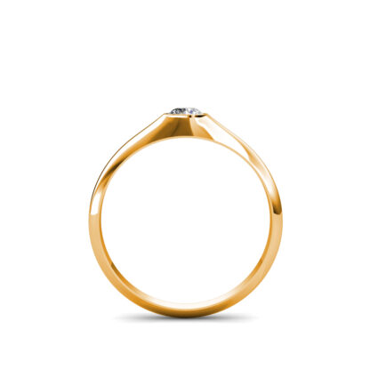 Through-finger view of yellow gold domed bezel diamond ring for men showing the band profile