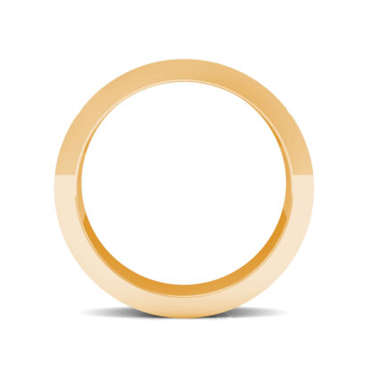 Through-finger view of yellow gold hammered texture band for men showing the band profile
