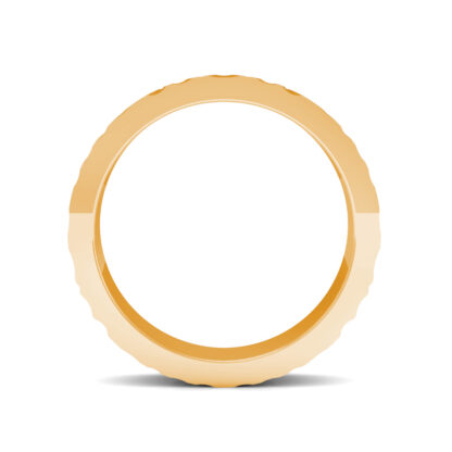 Through-finger view of yellow gold bark texture band for men showing the band profile