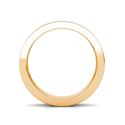 Through-finger view of yellow gold brushed center groove band for men showing the band profile