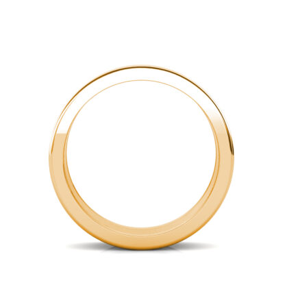 Through-finger view of yellow gold brushed double groove band for men showing the band profile