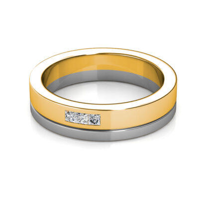 Front view of white and yellow gold two-tone princess diamond band for men