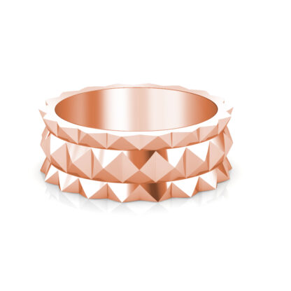 Front view of rose gold double row pyramid stud band for men