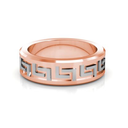 Front view of rose and white gold Greek key pattern beveled band for men