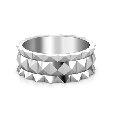 Front view of white gold or platinum double row pyramid stud band for men