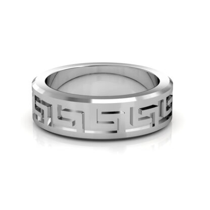 Front view of white gold or platinum Greek key pattern beveled band for men