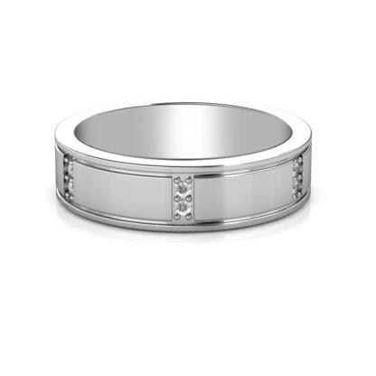 Front view of white gold or platinum paired diamond station band for men