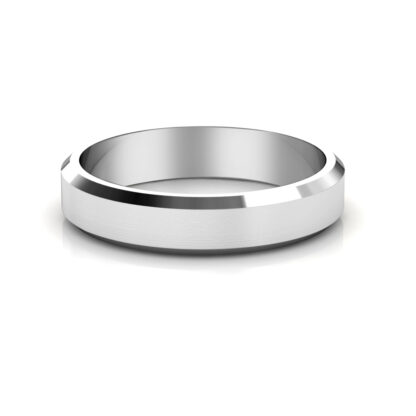 Front view of white gold or platinum brushed beveled edge band for men