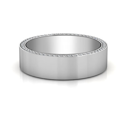 Front view of white gold or platinum hidden diamond edge pave band