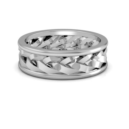 Front view of white gold or platinum braided openwork band for men