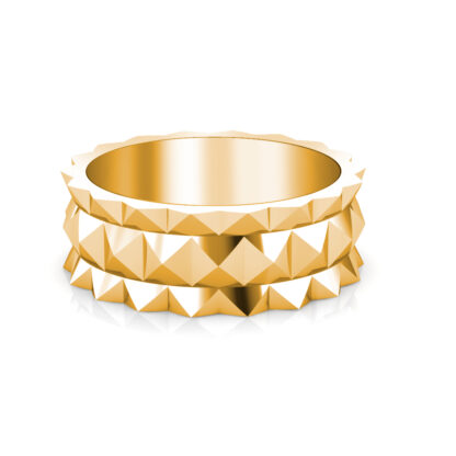 Front view of yellow gold double row pyramid stud band for men