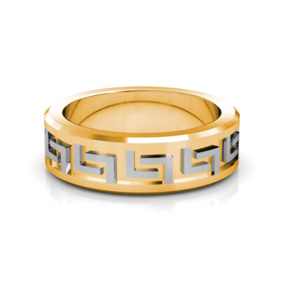 Front view of yellow and white gold Greek key pattern beveled band for men