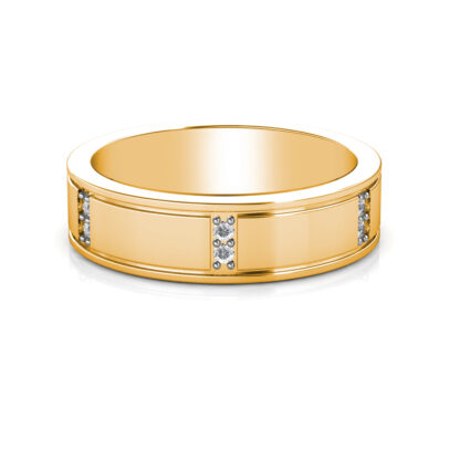 Front view of yellow gold paired diamond station band for men