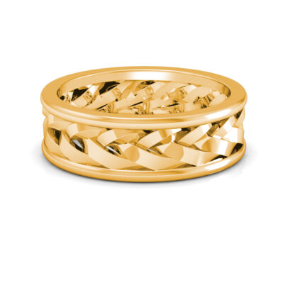 Front view of yellow gold braided openwork band for men