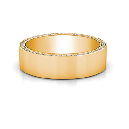 Front view of yellow gold hidden diamond edge pave band