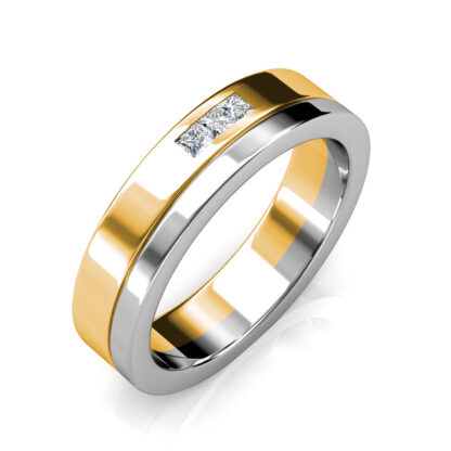 Perspective view of white and yellow gold two-tone princess diamond band for men