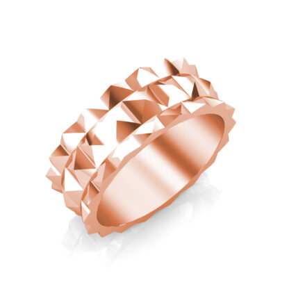 Perspective view of rose gold double row pyramid stud band for men