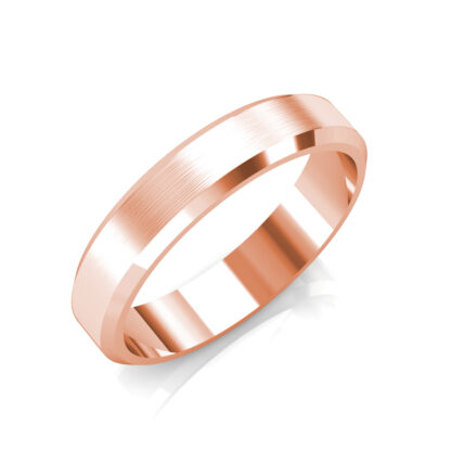 Perspective view of rose gold brushed beveled edge band for men